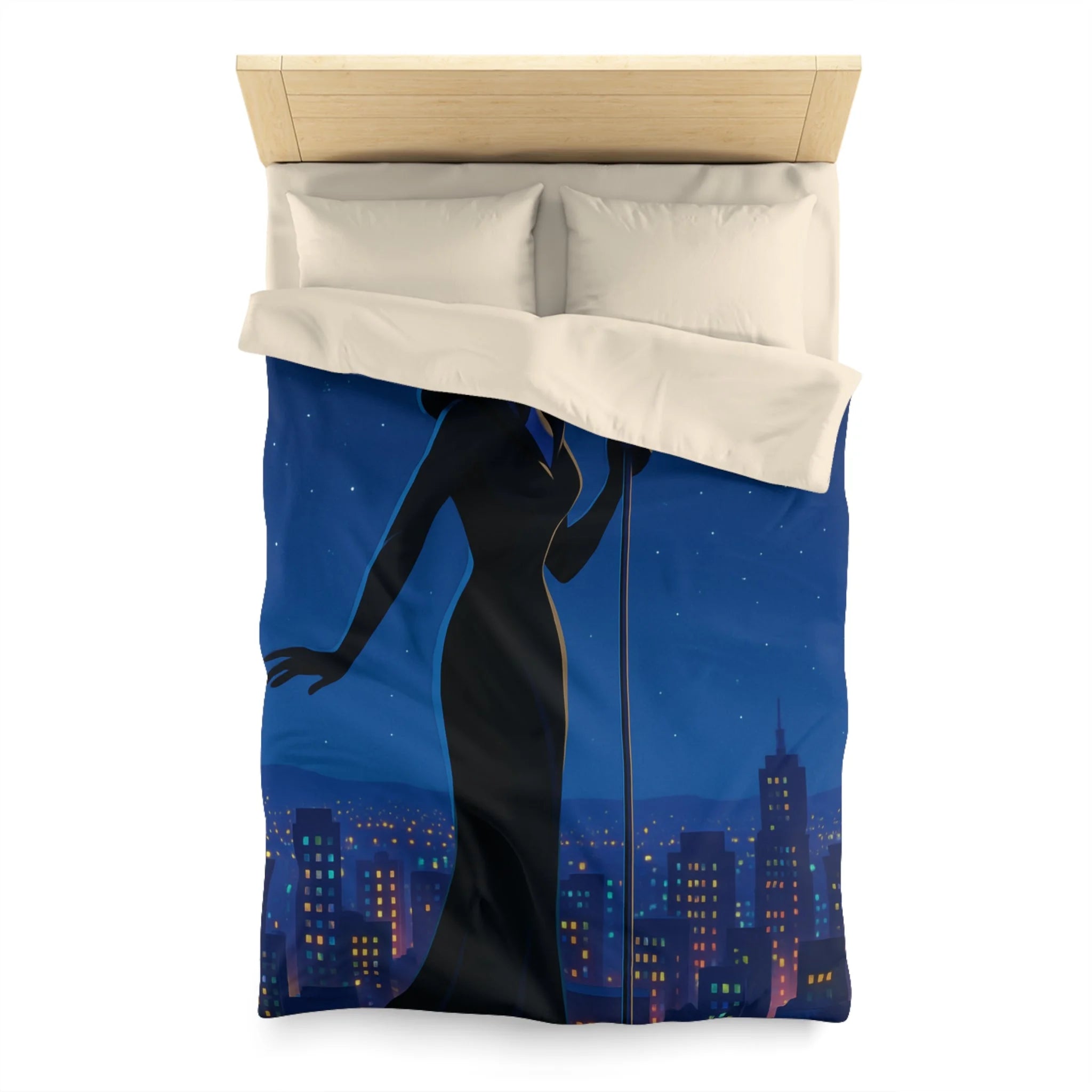 Housse de couette nocturne élégante avec silhouette mystérieuse et micro en arrière-plan urbain