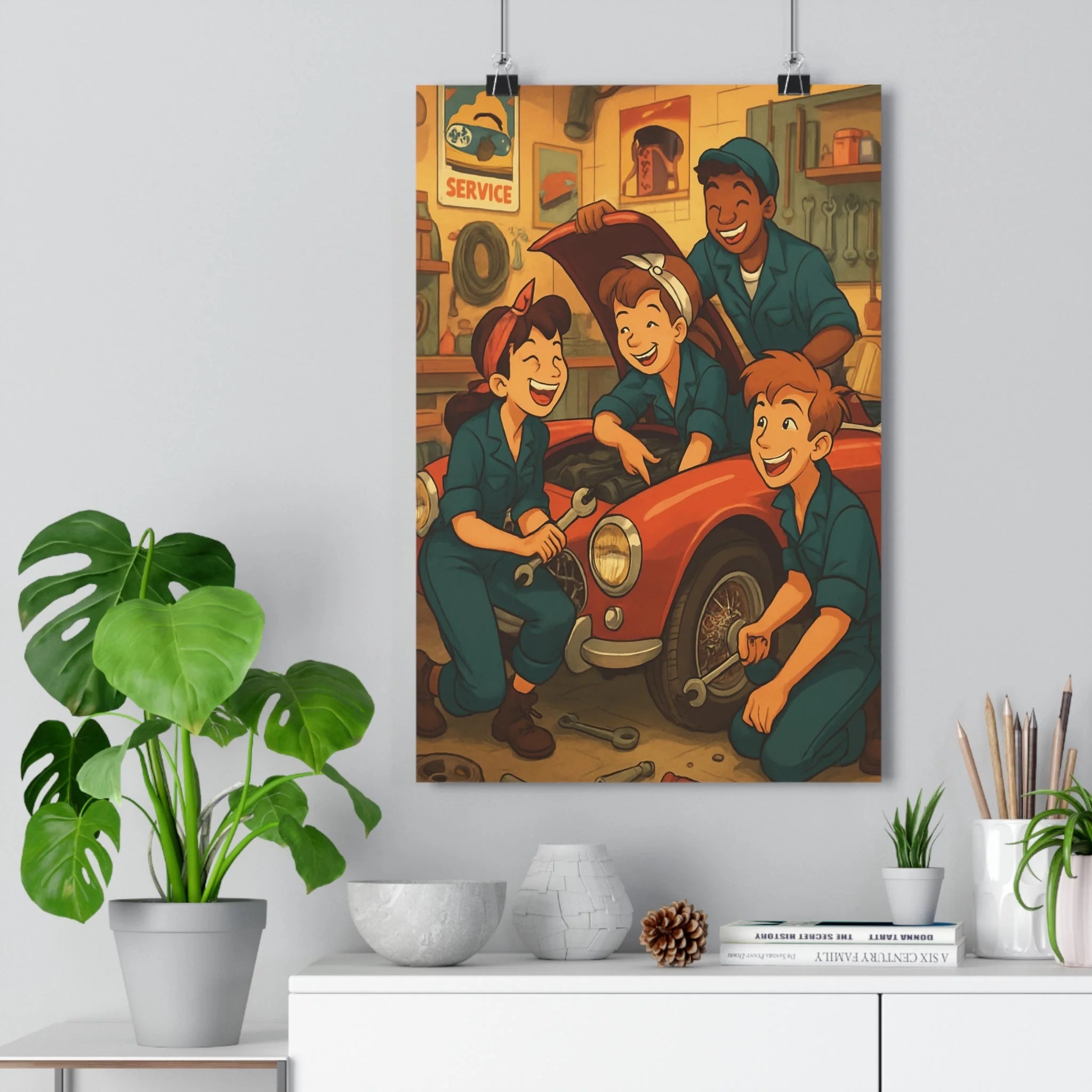 Poster décoratif vintage voiture rouge bleu joyeux atelier chambre enfant garage ambiance conviviale teamwork