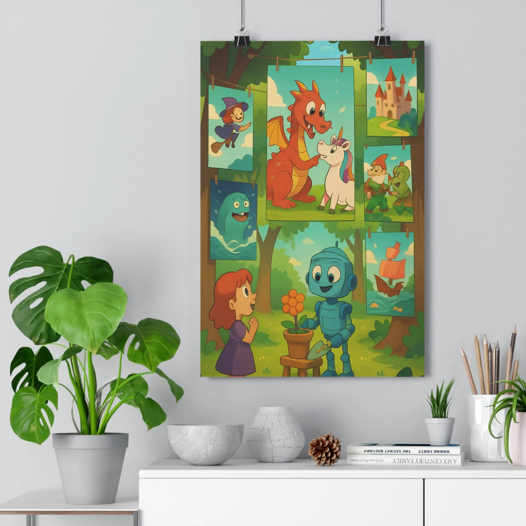 Poster décoratif scène onirique bleu orange fantastique enfant chambre joyeux coloré mystique dragon licorne
