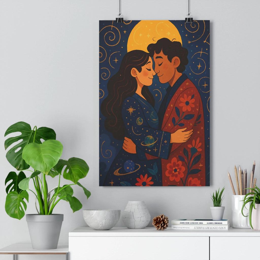 Poster décoratif mystique lune doré bleu rouge chambre salon romantique chaleureux poétique rêveur tendre