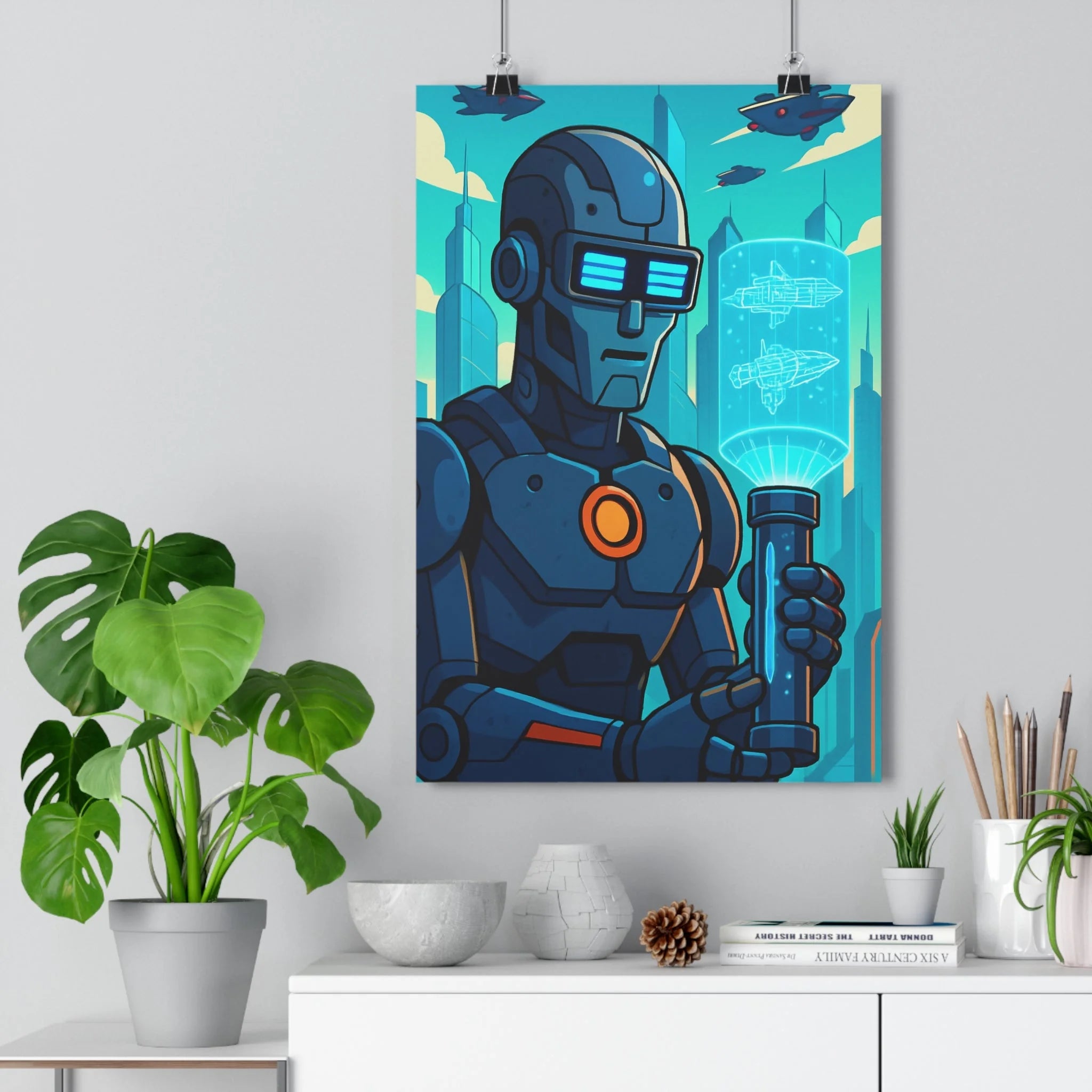 Poster décoratif futuriste robot néon bleu orange cyberpunk moderne bureau espace 30x46 cm intrigue