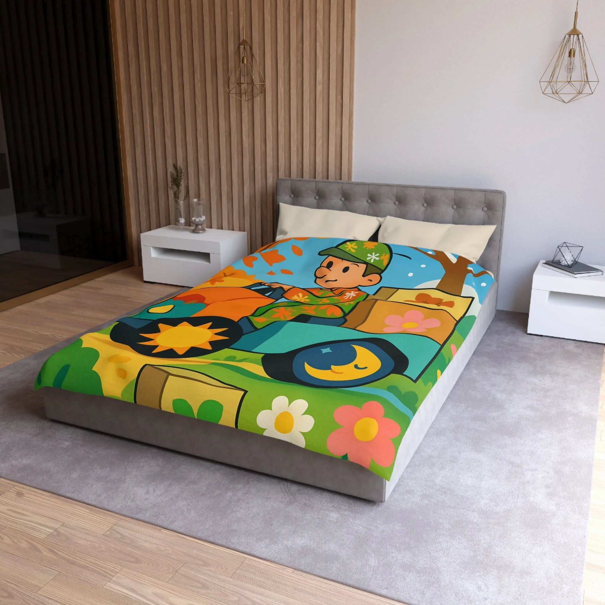 Housse de Couette Paisible Illustrant un Paysage Automnal avec Motifs Floraux et Naturels