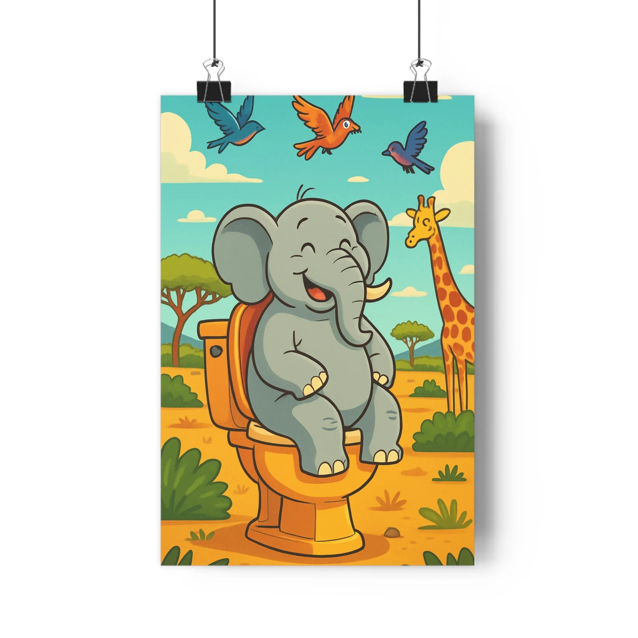 Poster décoratif dessin animé éléphant girafe oiseaux bleu safari humour toilettes paisible ludique ambiance