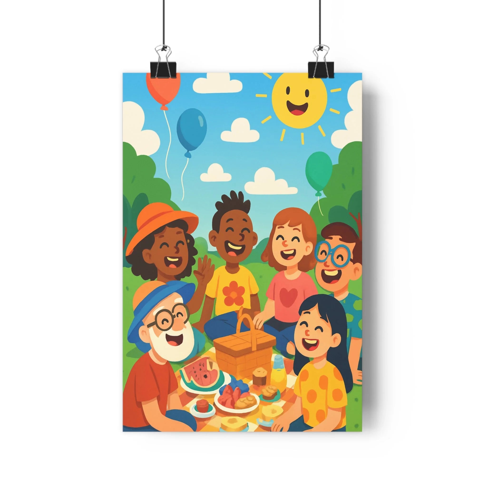 Poster décoratif dessin animé coloré joyeux chambre salon enfants amusant piquenique nature extérieur original