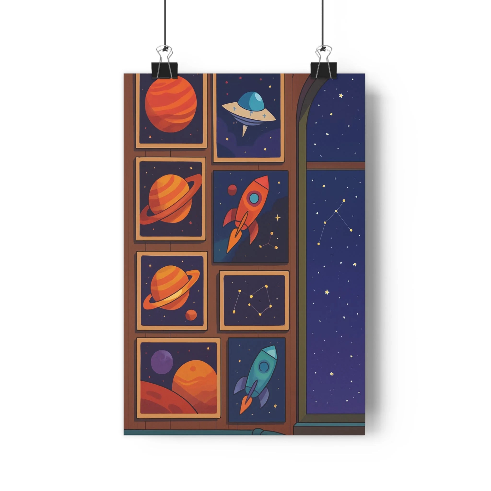 Poster décoratif animé espace bleu orange futuriste aventure enfant chambre art mural cosmique qualité