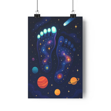 Poster empreintes pieds lumineux planètes étoiles noires plantes verte étagère blanche bleu rouge doré moderne minimaliste fantastique cosmique chambre salon