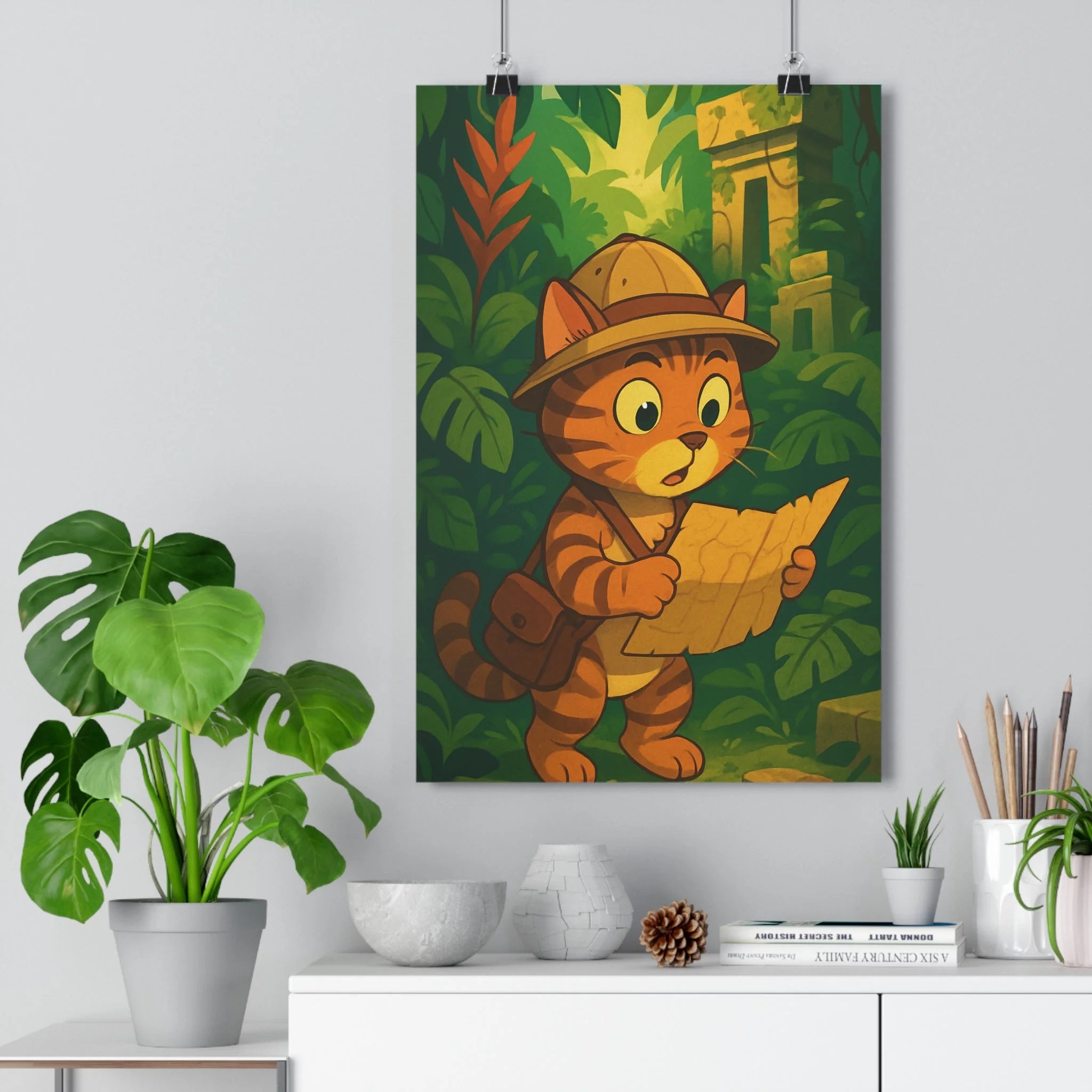 Poster décoratif jungle chat aventure cartoon joyeux vert feuillage chambre enfant créatif dessin animé