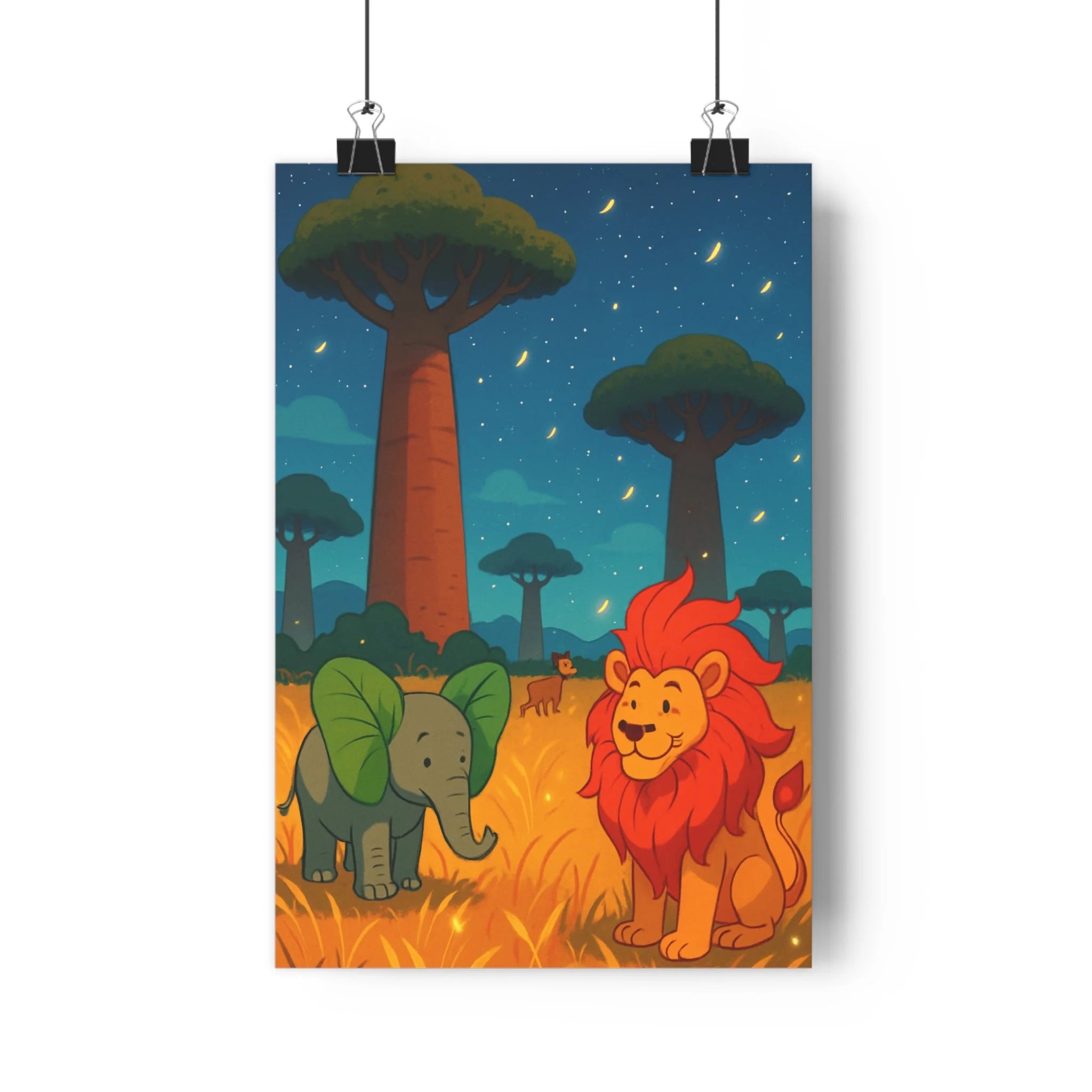 Poster décoratif savane cartoon éléphant lion prairie dorée ciel étoilé joyeux chambre enfant qualité