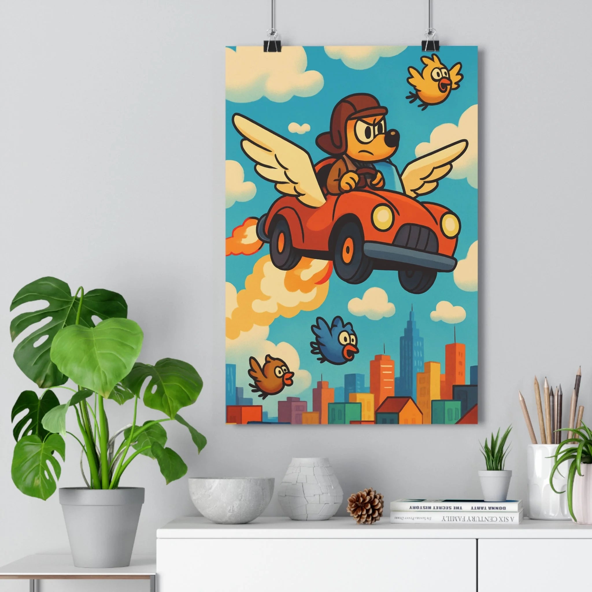 Poster décoratif cartoon ciel bleu rouge chien volant humoristique salon chambre enfant gaieté fantaisie