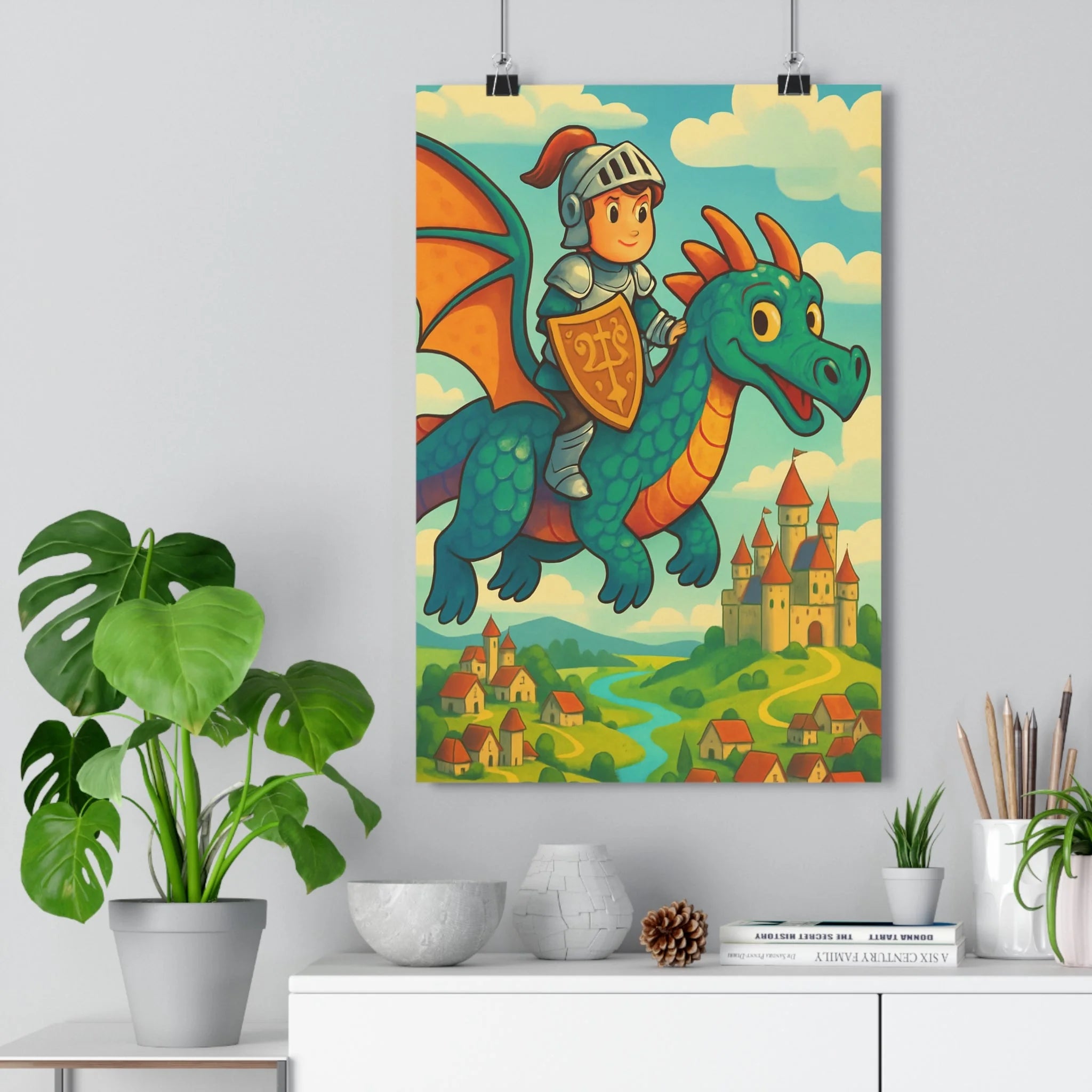 Poster décoratif chevalier dragon vert orange château fantastique magique enfant chambre cartoon joyeux aventure