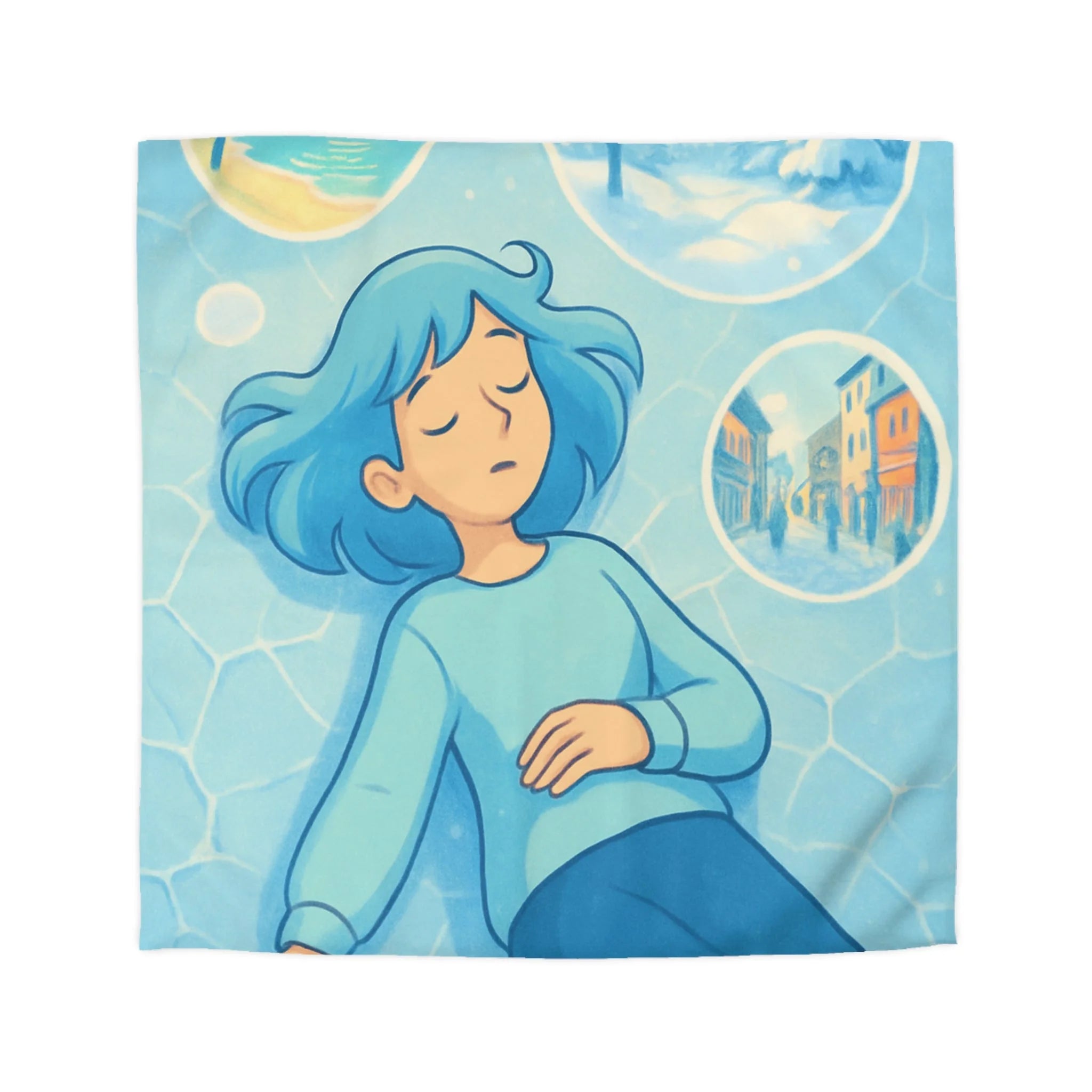 Housse de couette rêve bleuté avec motifs oniriques et paysages variés enchanteurs