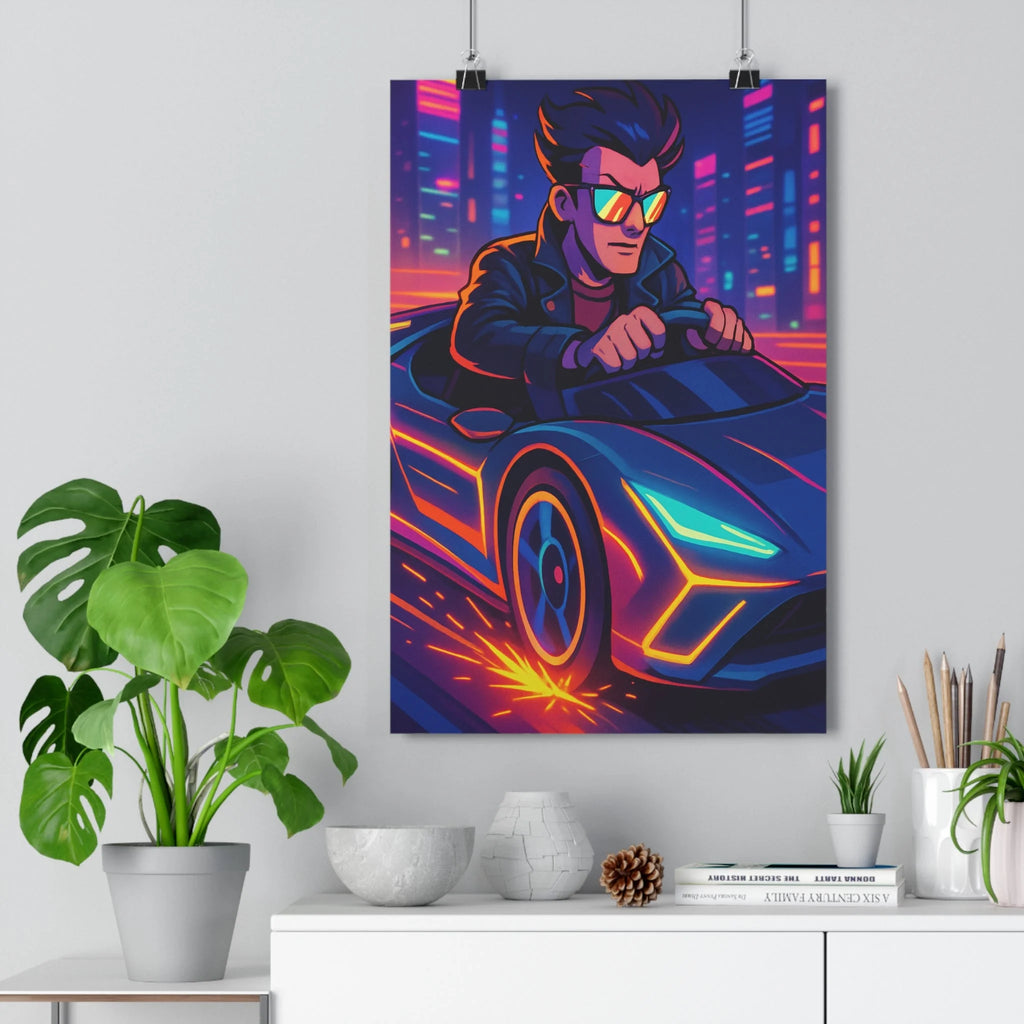 Poster décoratif dessin animé néon vibrant futuriste aventure chambre salon course voiture vitesse qualité