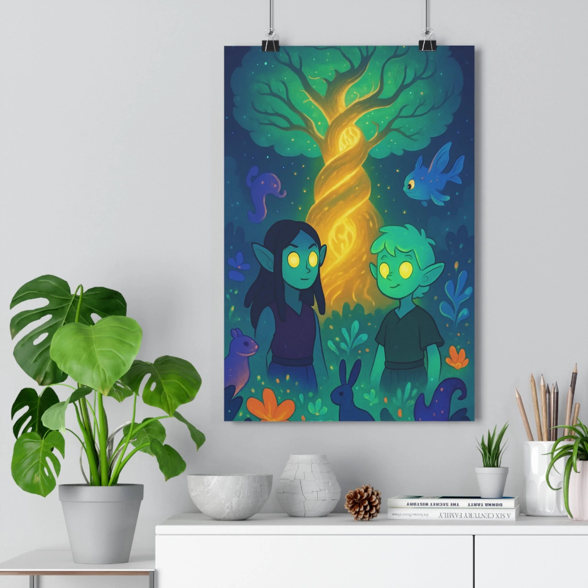 Poster décoratif magique anime vert bleu mystique chambre salon aventure lumineux enchanteur personnages arbre