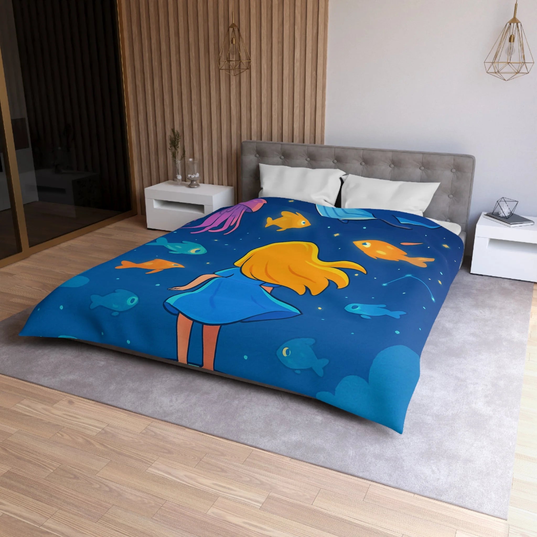 Housse de couette océane enfantine avec animaux marins, étoile ciel bleu magique