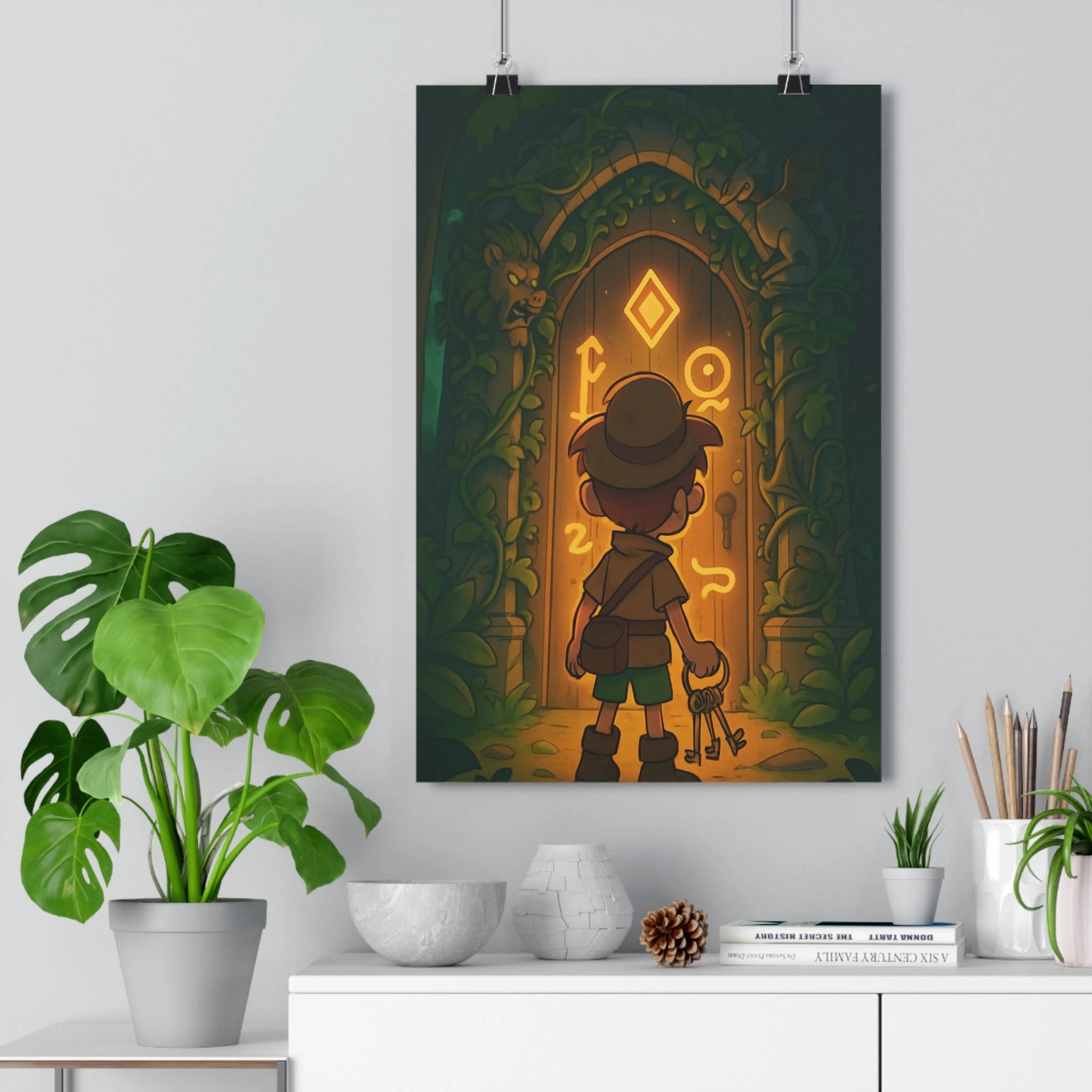 Poster décoratif aventurier mystique cartoon lumineux jaune rouge fantastique chambre enfant magique captivant élégant