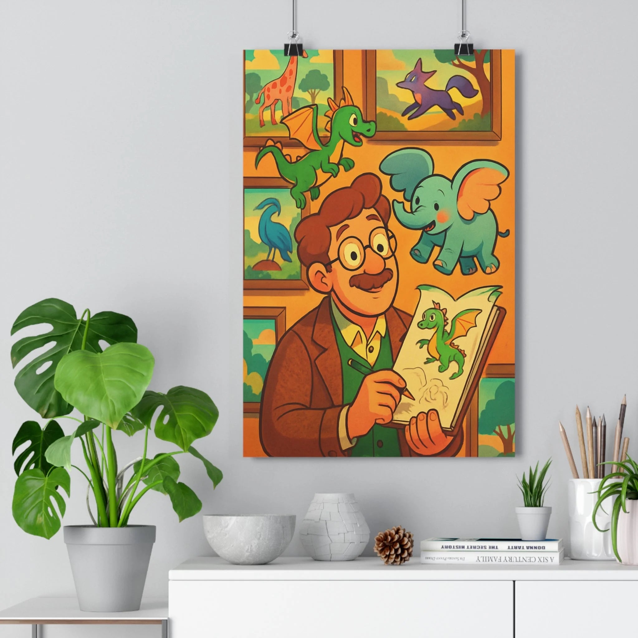 Poster décoratif magique enfant dragon vert girafe violet éléphant bleu ludique cartoon chambre qualité