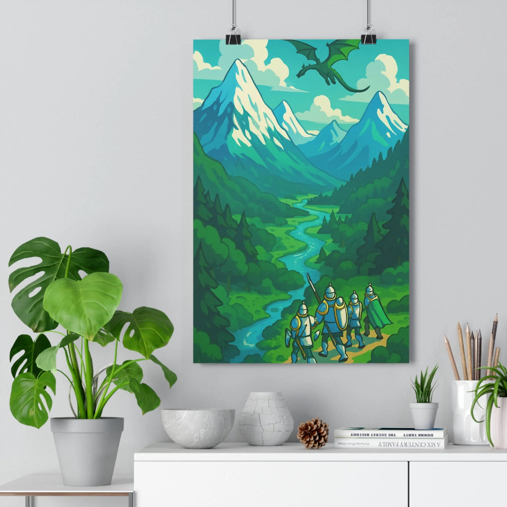 Poster décoratif fantasy vert bleu cartoon aventure chevaliers dragon salon chambre vibrant dessin animé