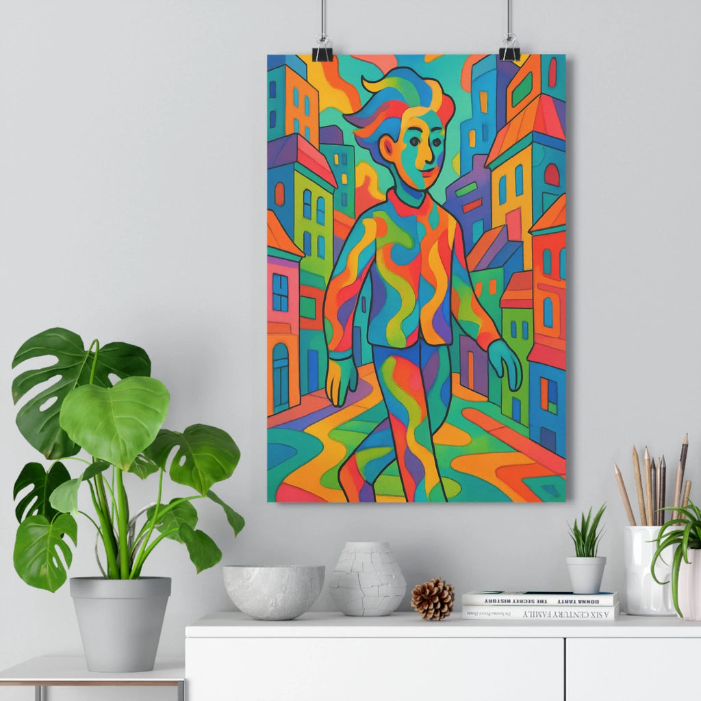 Poster urbain coloré homme cheveux bleus robe motif ondulé bâtiments toits rouges façades multicolores ambiance joyeuse style moderne abstrait lignes