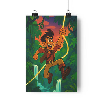 Poster aventure jungle homme en vol lianes cascade arbres chemise marron bottes noires exploration exotique ambiance joyeuse style cartoon couleurs