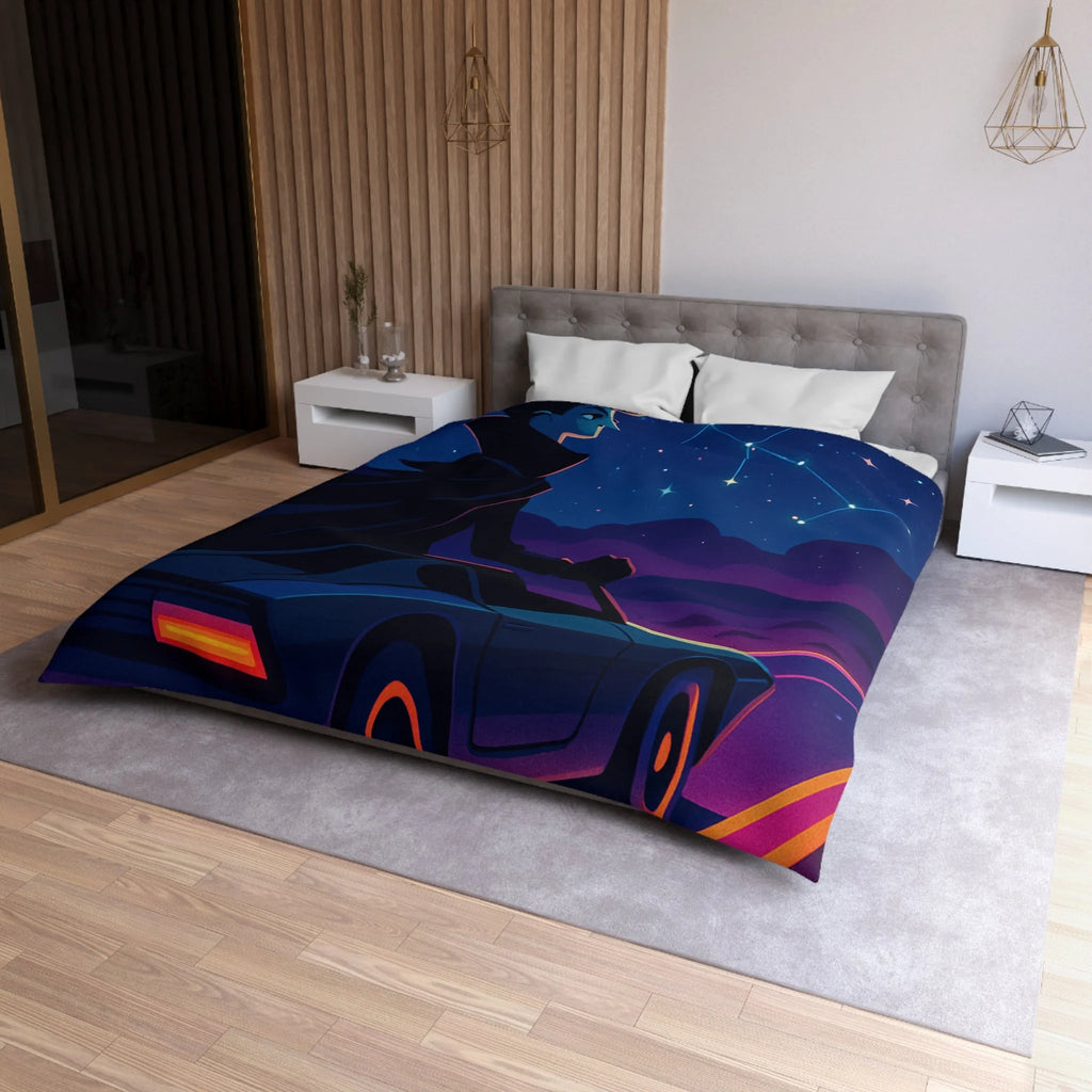 Housse de couette rétro avec constellations et voiture sous ciel étoilé et planète