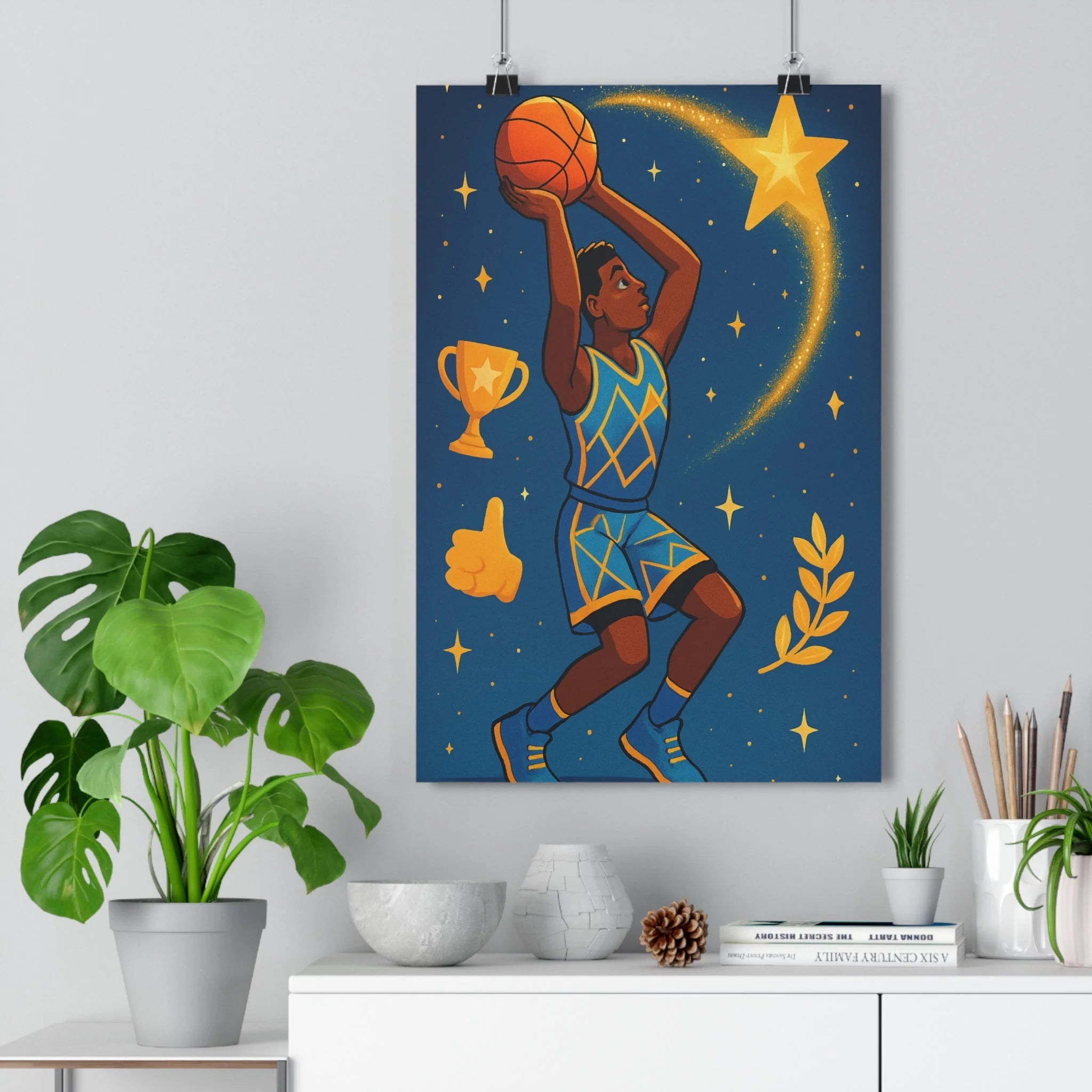 Poster décoratif illustratif basketball céleste étoiles dorées bleu or ambiance sportive chambre salon qualité