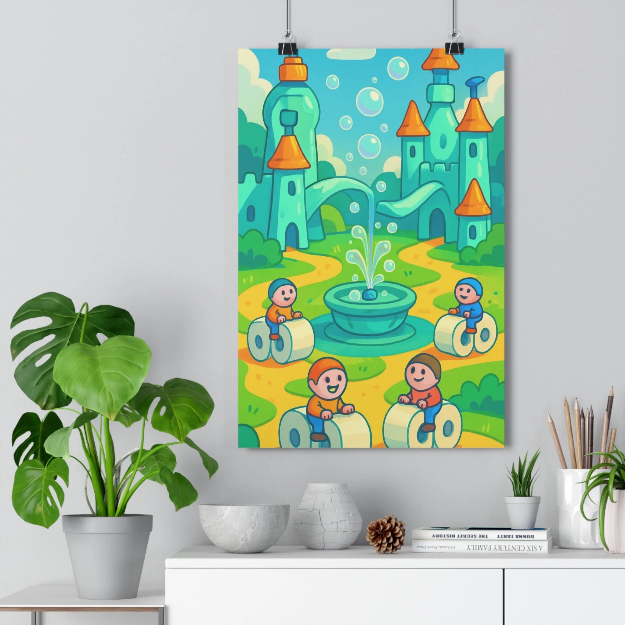 Poster décoratif royaume imaginaire conte féerique bleu orange joyeux chambre enfant moderne fantastique ludique