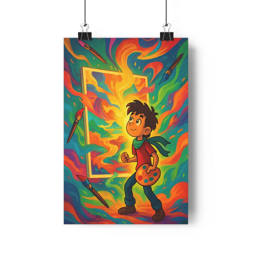 Poster garçon peintre pinceaux palette porte dorée couleurs vives motifs abstraits énergie créative chambre enfant salon déco vibrant cartoon