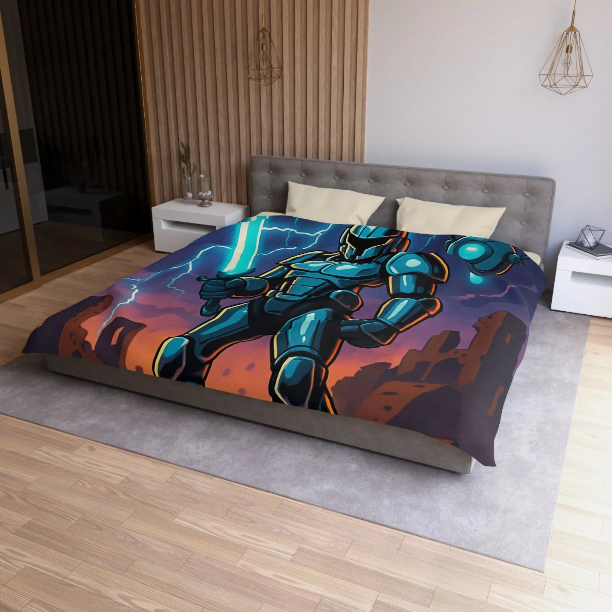 Housse de Couette Sci-Fi avec Guerrier en Armure et Paysage Apocalyptique
