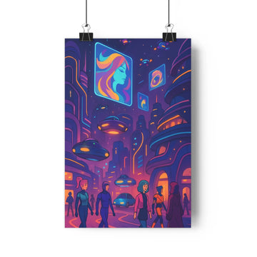 Poster futuriste ville organique éclairage coloré écran femme ovnis rue animée costumes lumineux ambiance vibrante ombres douces technologie avancée salon