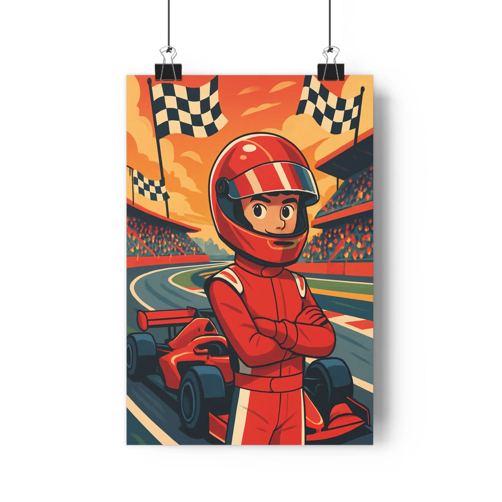 Poster décoratif rouge cartoon dynamique excitant course voiture pilote chambre enfant vibrant qualité premium