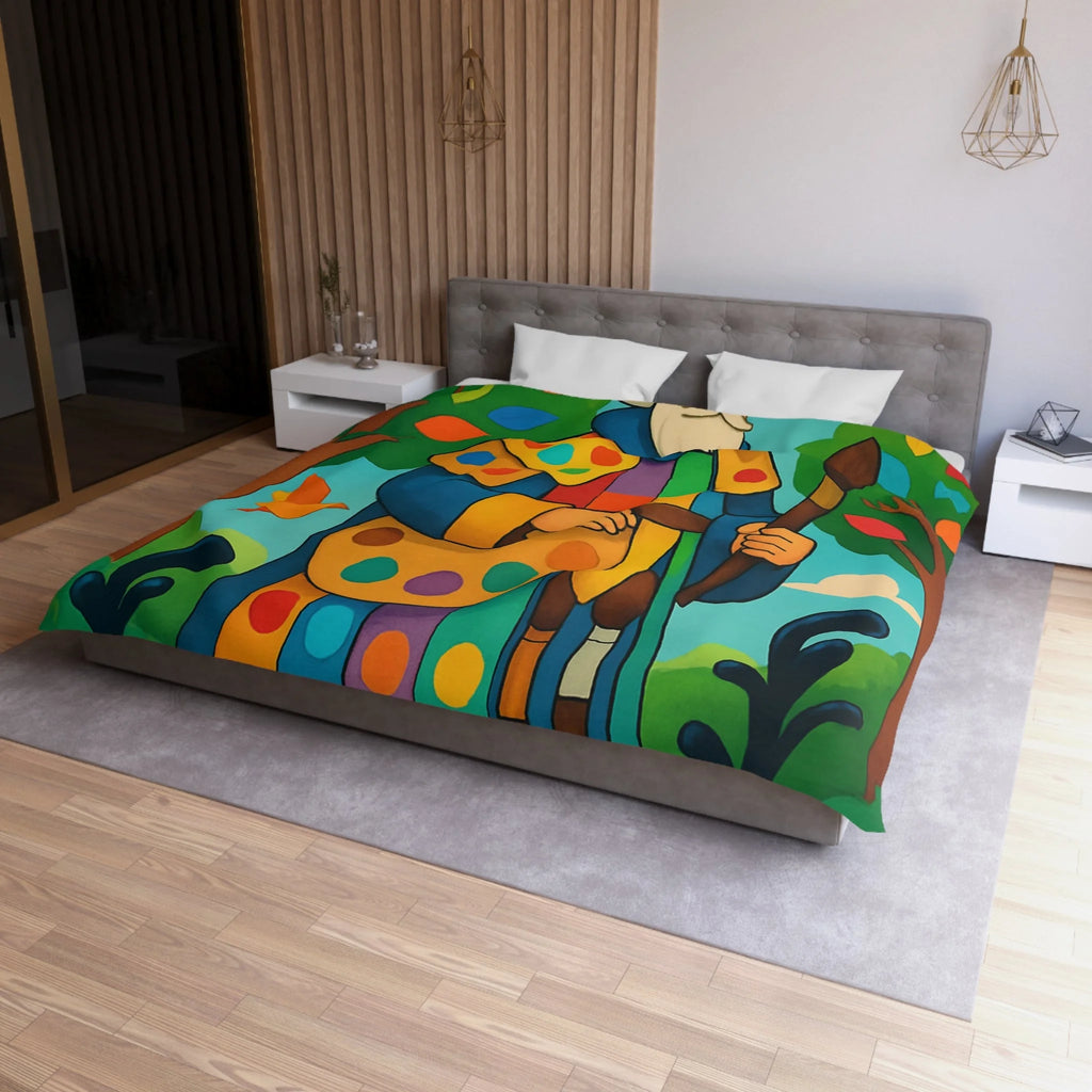 Housse de couette multicolore avec roi et oiseaux dans un jardin enchanteur
