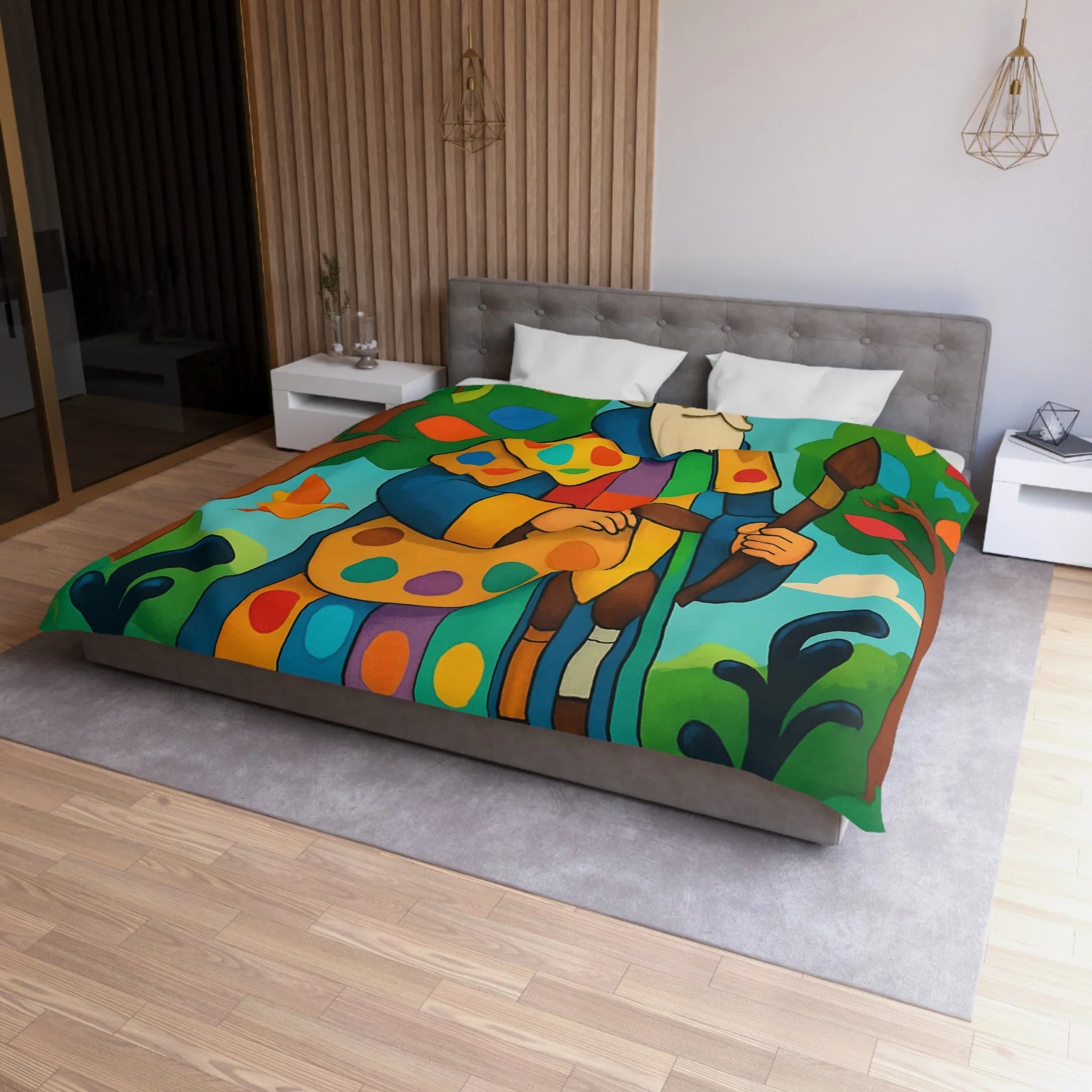 Housse de couette multicolore avec roi et oiseaux dans un jardin enchanteur