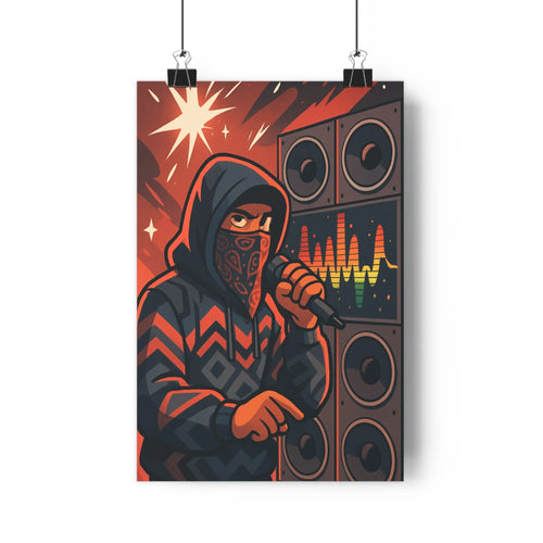 Poster moderne rouge orange énergique musicien haut parleurs ondes sonores plante verte console objets décor électrique ambiance concert chambre salon style cartoon vibrant