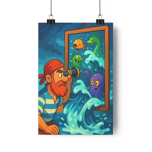 Poster marin lunette poissons créatures océan vague bleu vert rouge cartoon simple forme nette dynamique curieux chambre salon