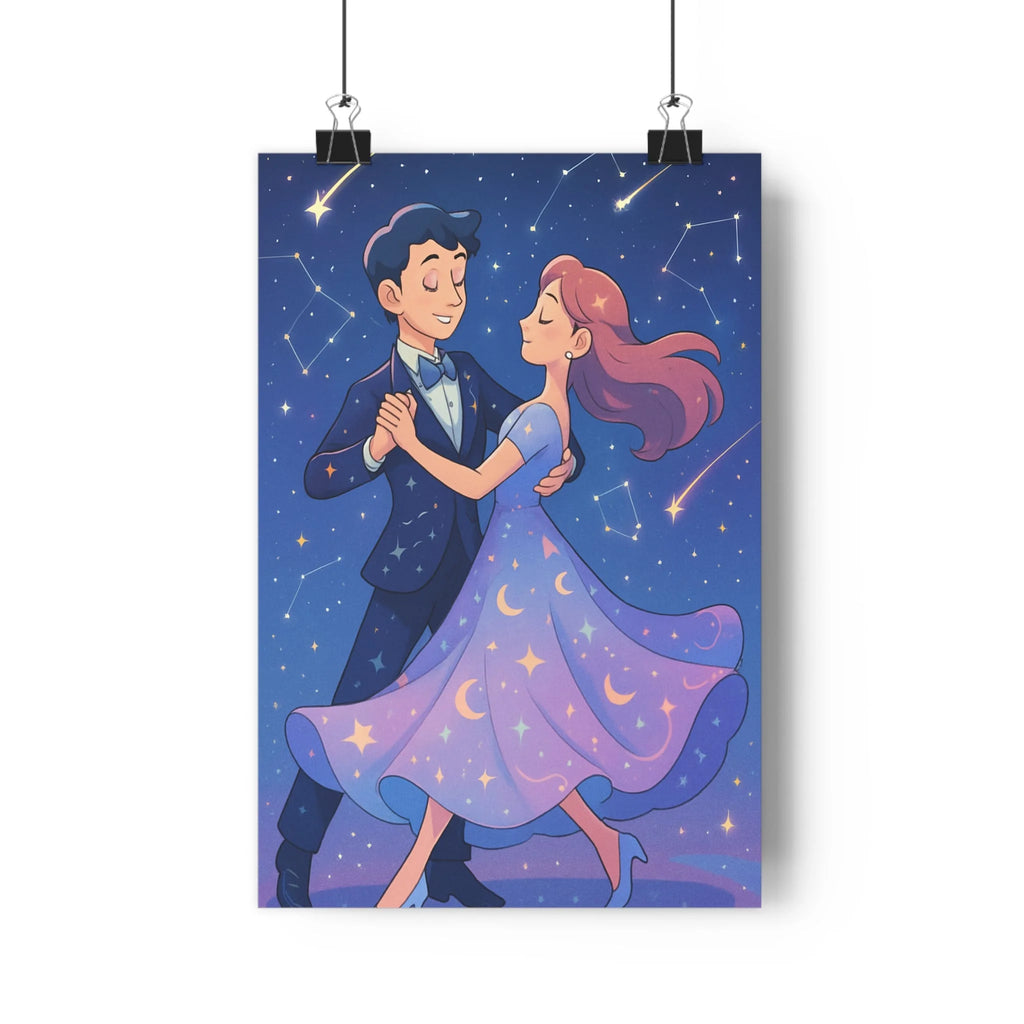 Poster romantique danse nuit étoiles lunes violets roses plante verte étagère blanche ambiance douce graphique cartoon élégant moderne salon chambre
