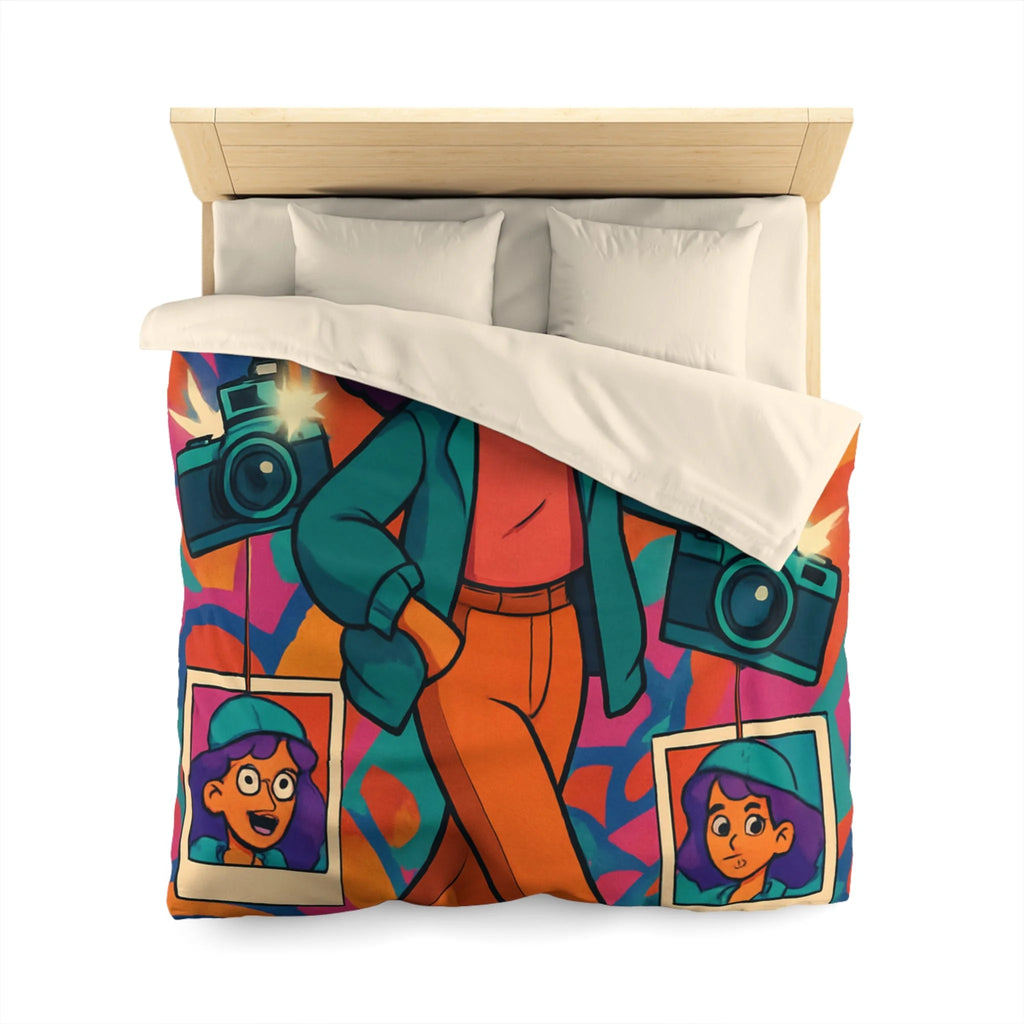 Housse de couette vivante avec personnage stylé marchant dans ambiance artistique colorée et ludique