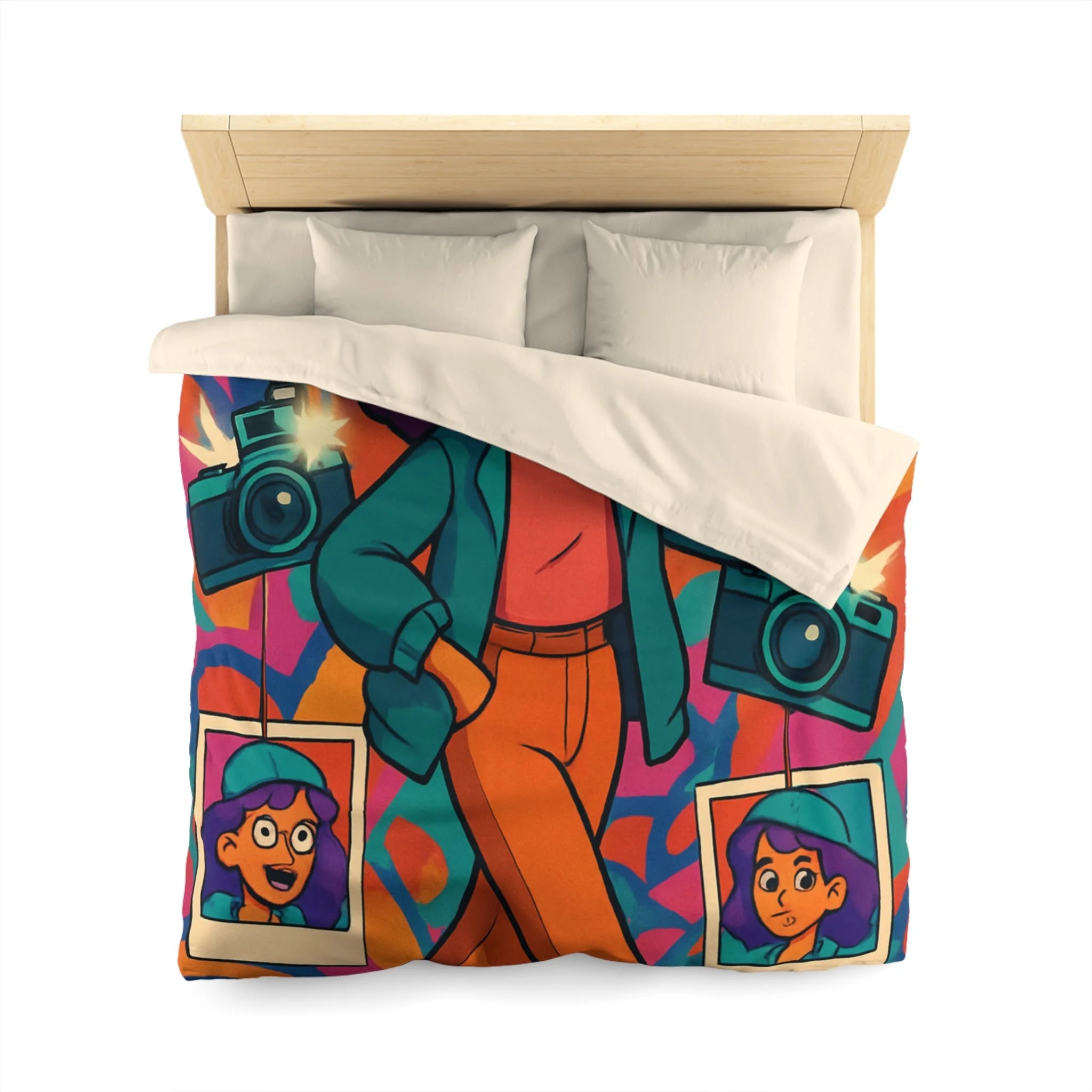 Housse de couette vivante avec personnage stylé marchant dans ambiance artistique colorée et ludique