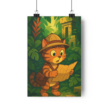 Poster chat aventure jungle feuilles fleurs ruines exploratoire découverte cartoonaire couleurs vives végétation luxuriante chemise chapeau de pêcheur