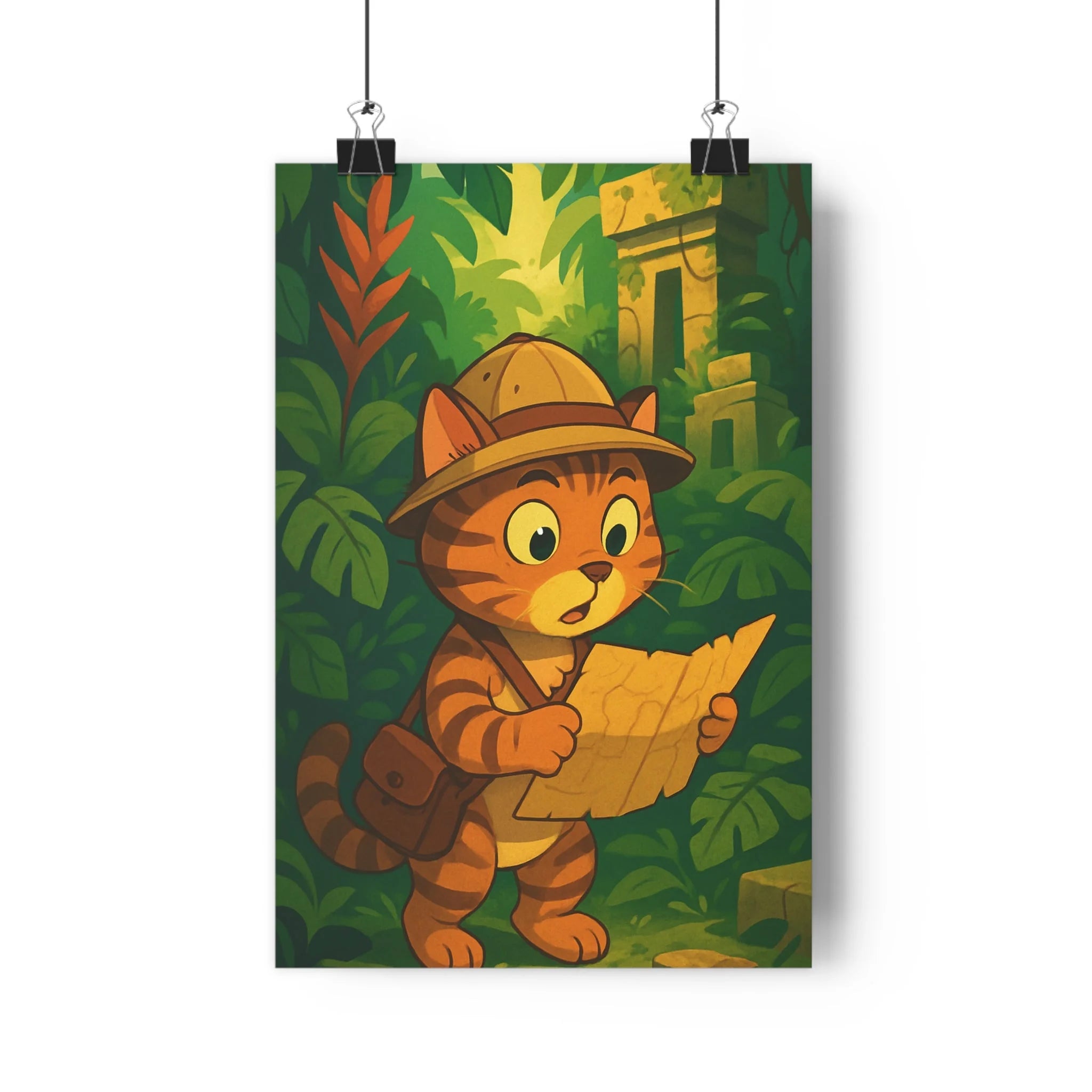 Poster décoratif jungle chat aventure cartoon joyeux vert feuillage chambre enfant créatif dessin animé