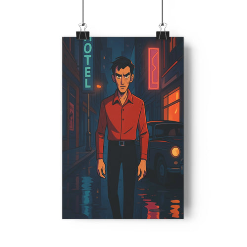 Poster homme rue nuit hôtel néon bleu chemise rouge ombres douces déco moderne ambiance mystérieuse salon bureau