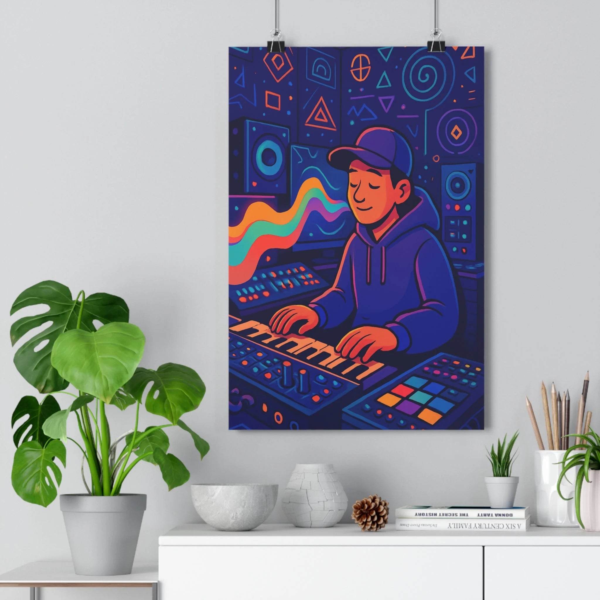 Poster décoratif futuriste bleu violet jaune dessin animé dynamique créatif musique bureau équipement moderne