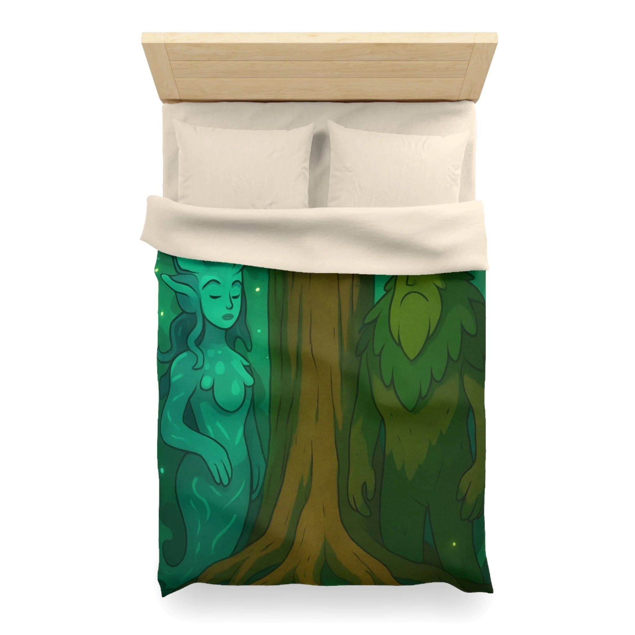 Housse de couette mystique forêt avec figures élémentaires, arbre central et ambiance sereine