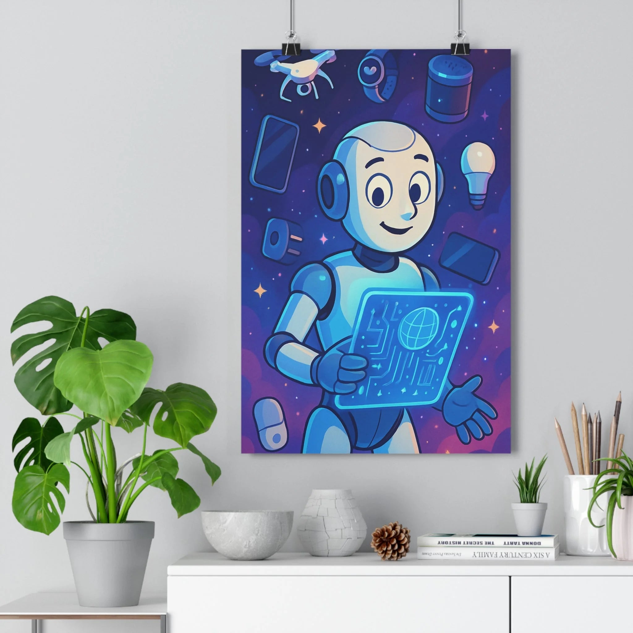 Poster décoratif robot futuriste bleu violet dessin animé moderne chambre bureau technologie joyeux lumineux