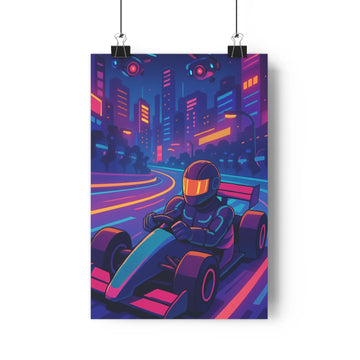 Poster course nuit bleu violet rouge moderne ombres douces gratte-ciels vitesse énergie dynamique intense chambre bureau