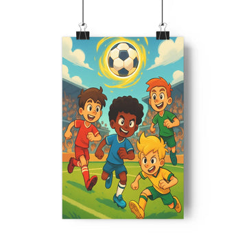 Poster football enfants joyeux terrain stade spectateurs ambiance ensoleillée couleurs vives cartoon expressions faciales dynamique chambre salon