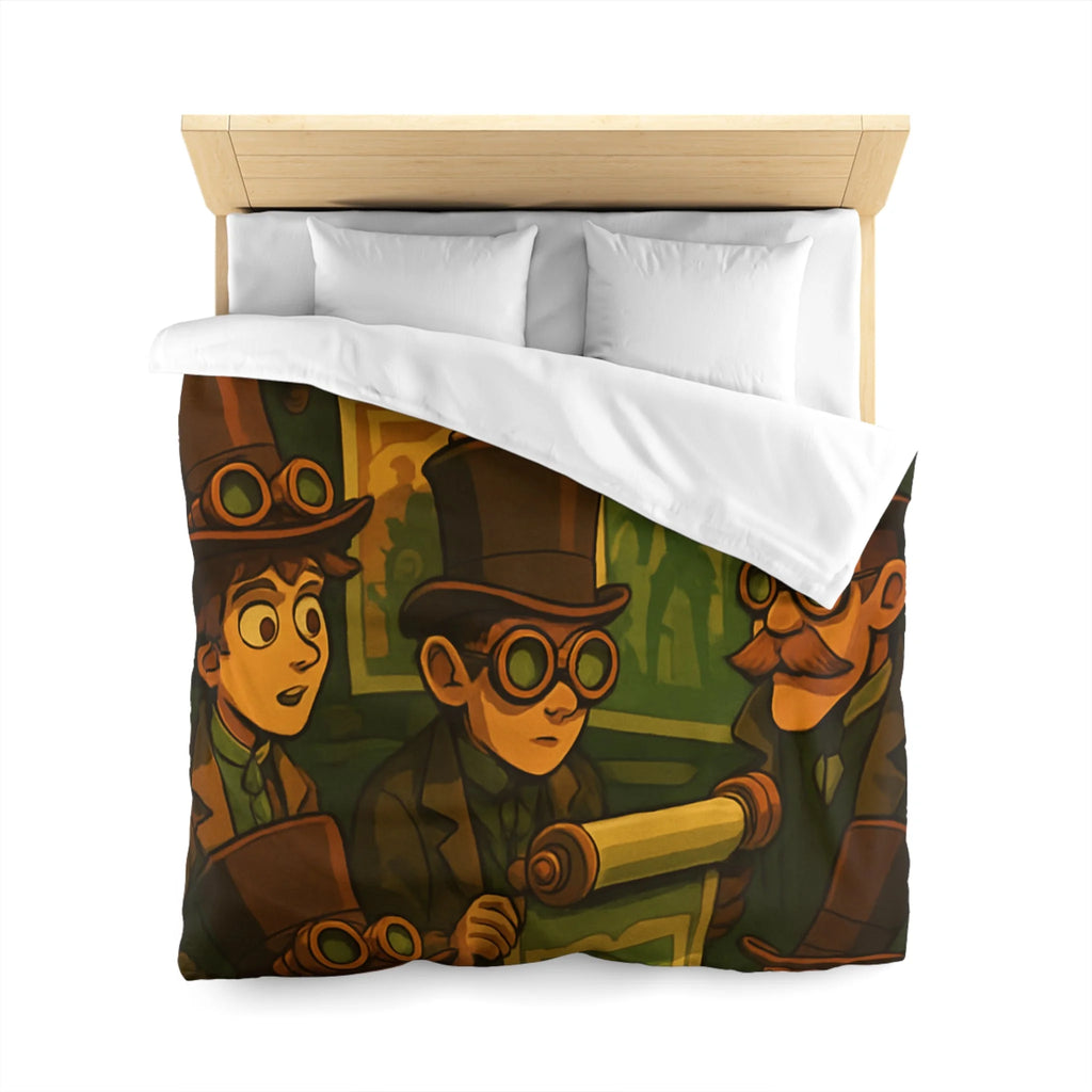 Housse de couette steampunk rétro vintage, illustration de gentlemen en chapeaux et engrenages