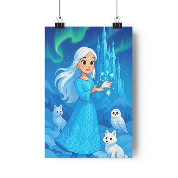 Poster féerique chevelure blanche robe bleue chiens hibou neige château bleu nuit étoiles ambiance mystérieuse cartoon doux salon chambre
