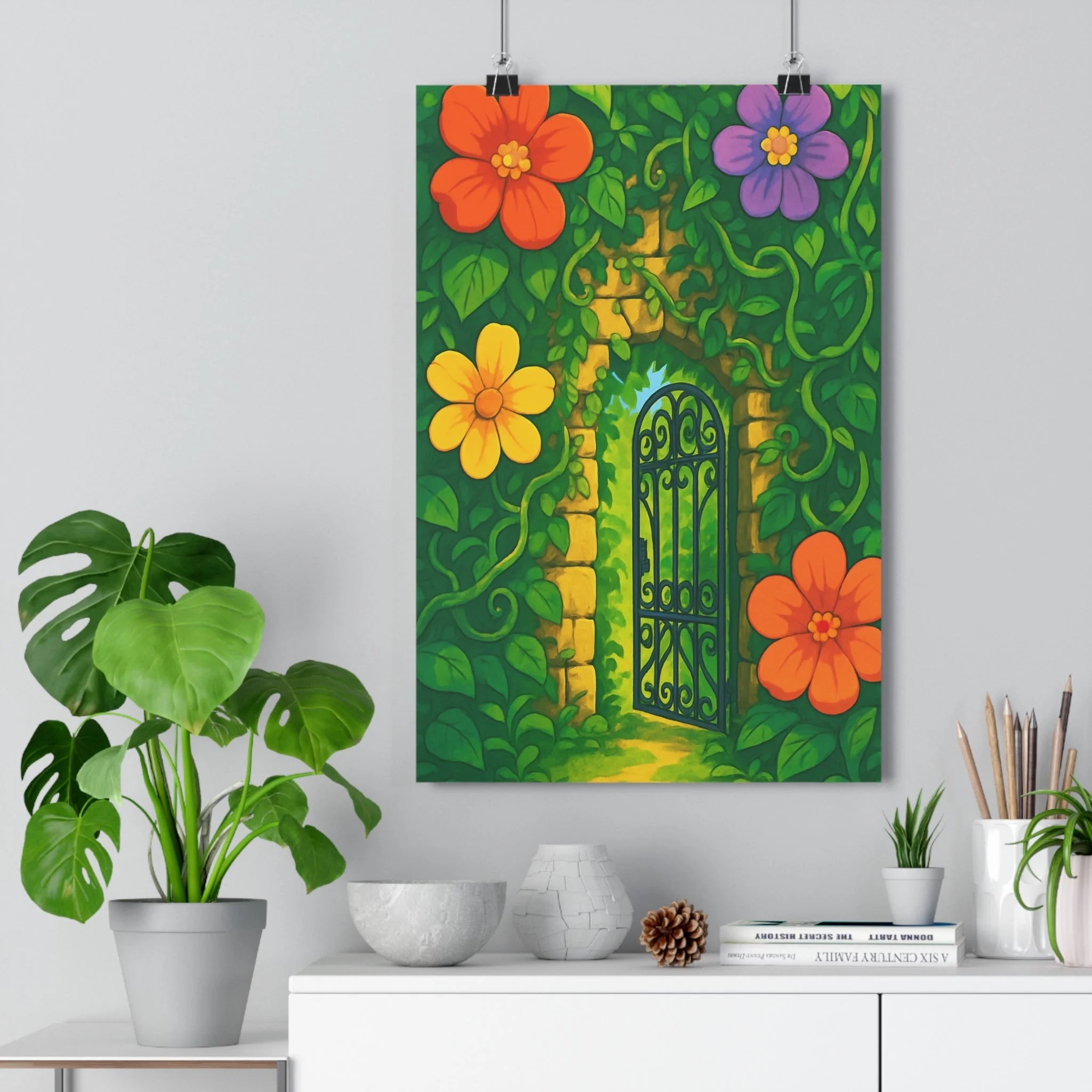 Poster décoratif jardin secret botanique violet orange cartoon magique salon chambre vibrant fantaisie accueillant