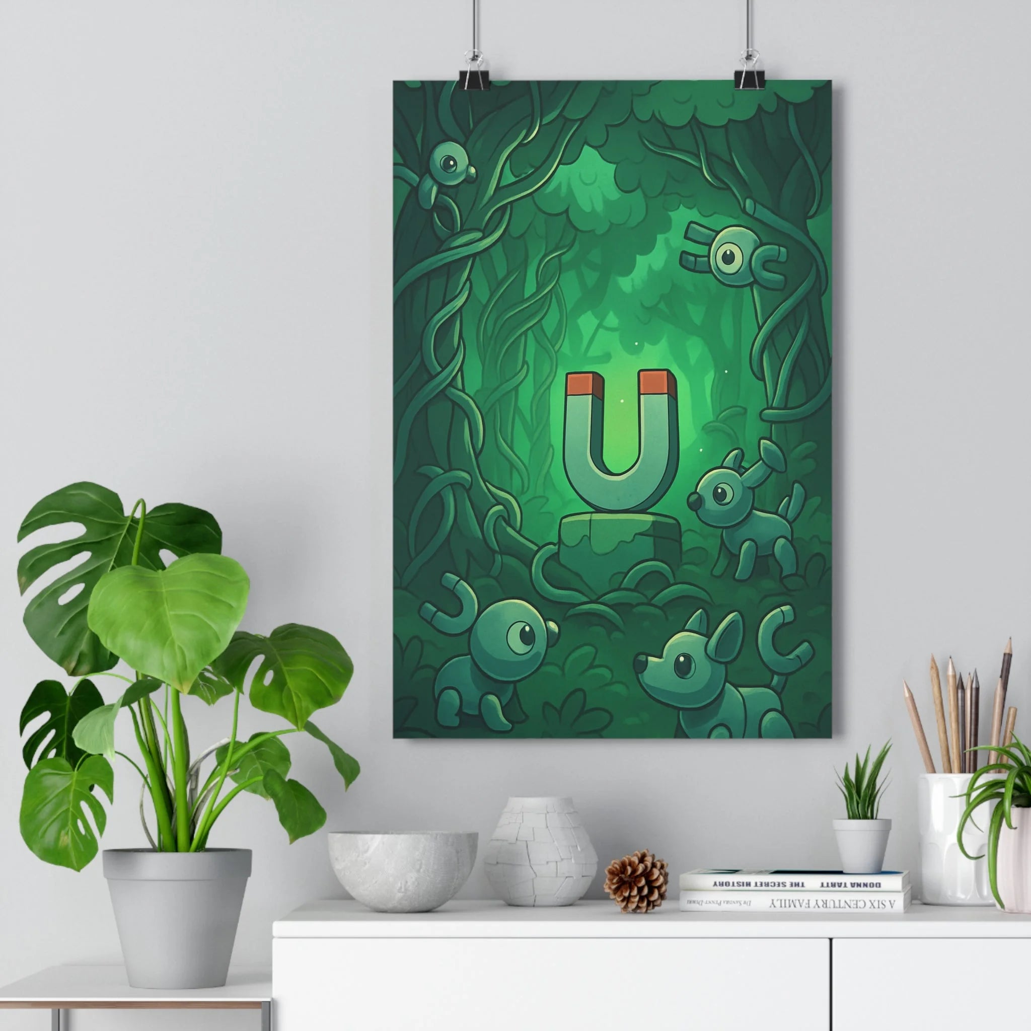 Poster décoratif mystique forêt enchantée créatures robotiques cartoon vert bleu chambre ambiance magique qualité