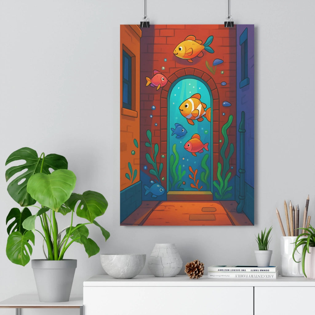 Poster décoratif cartoon bleu vert apaisant intérieur chambre salon fantaisie dessin animé unique 30x46